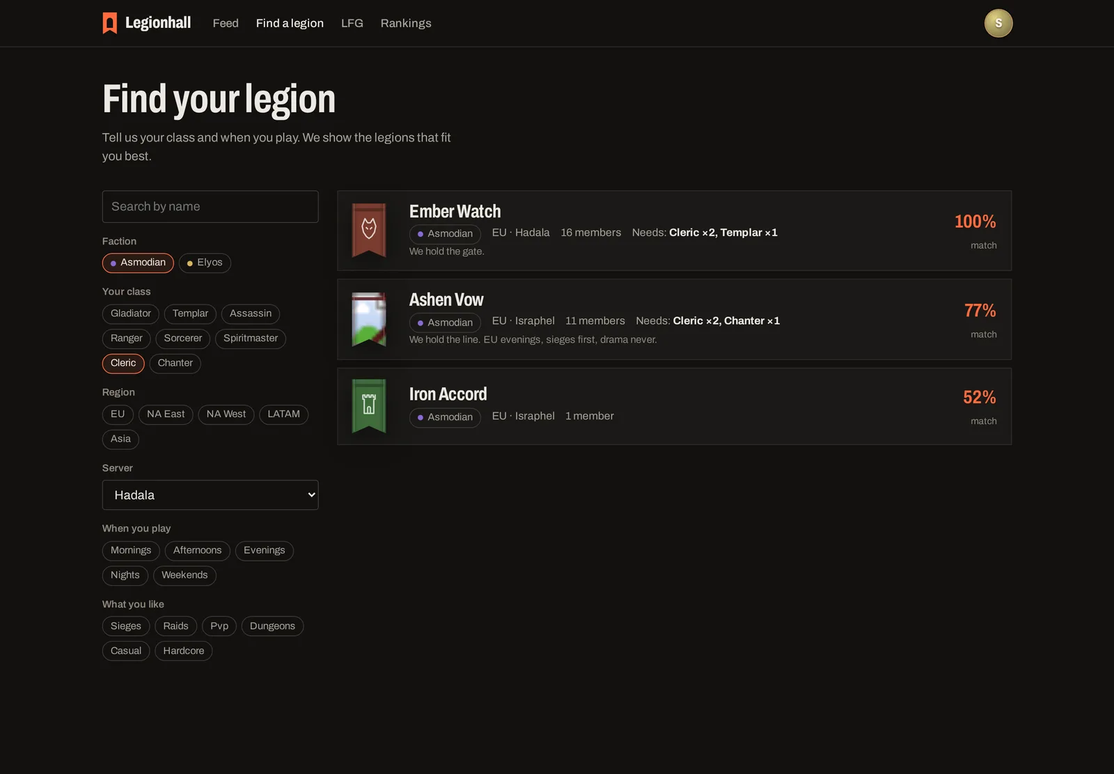 Finding an AION 2 legion on Legionhall, ranked by how well it fits a Cleric on Hadala