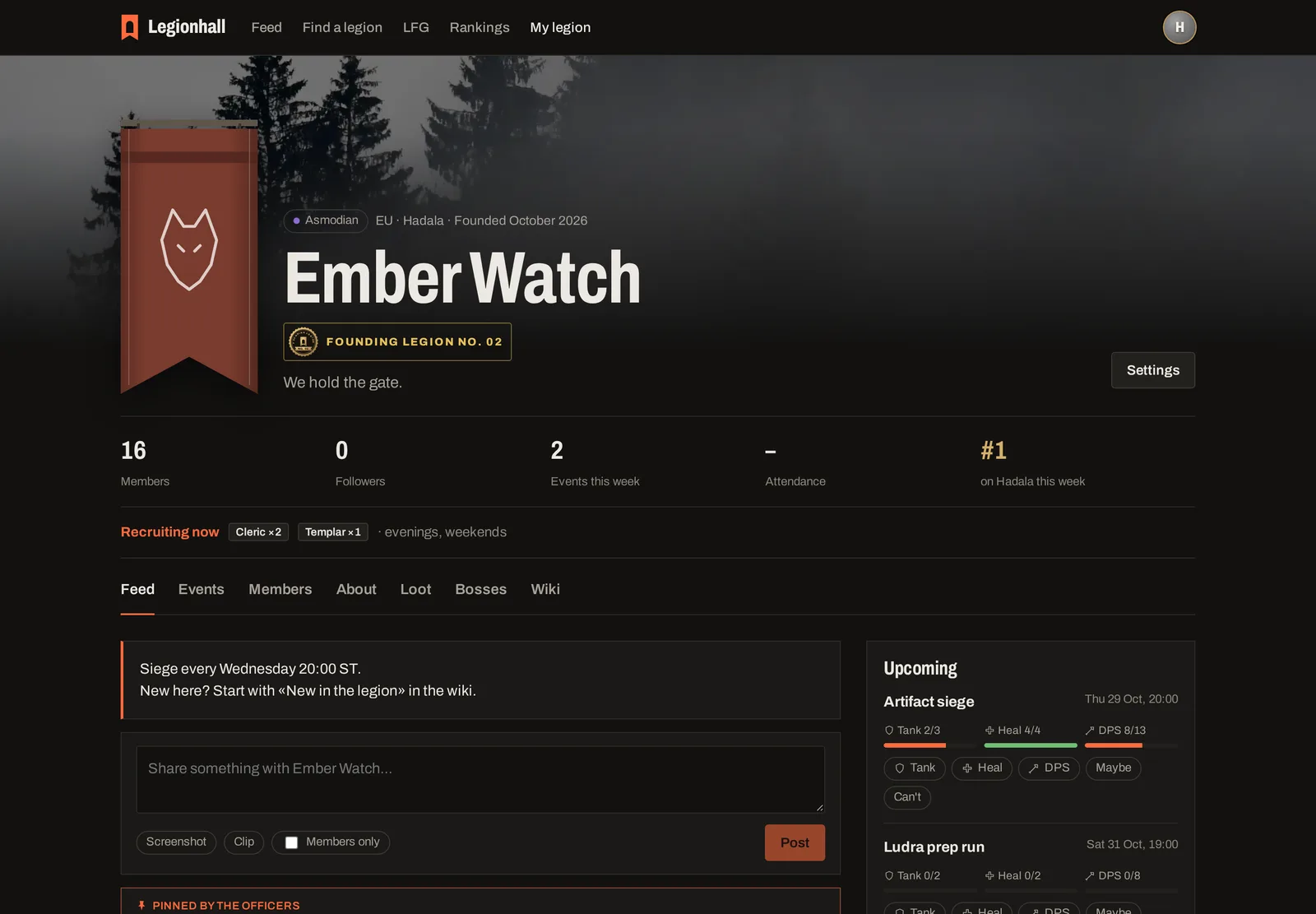 An AION 2 legion page on Legionhall with banner, member count, recruiting classes and upcoming events