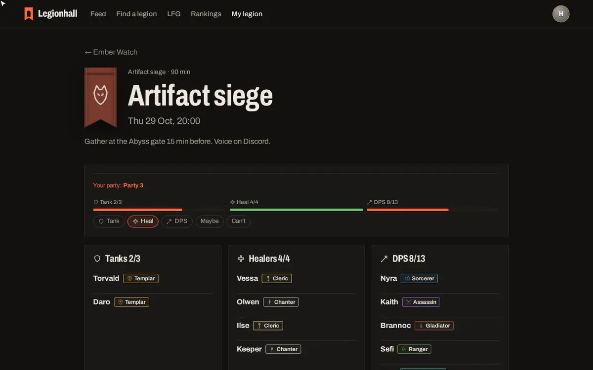 Building parties for an AION 2 artifact siege with one click on Legionhall